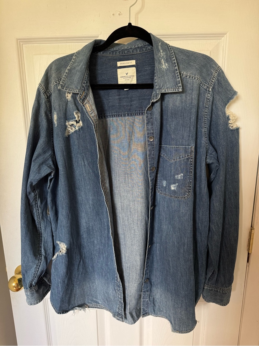 Size L, American Eagle Outfitters Distressed Denim Button-Down Shirt
